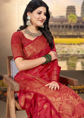 Red Spun Silk Saree With Blouse Piece