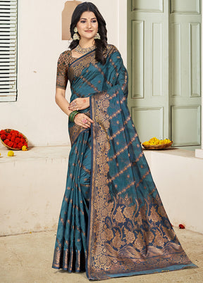 Turquoise Blue Spun Silk Saree With Blouse Piece