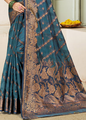 Turquoise Blue Spun Silk Saree With Blouse Piece