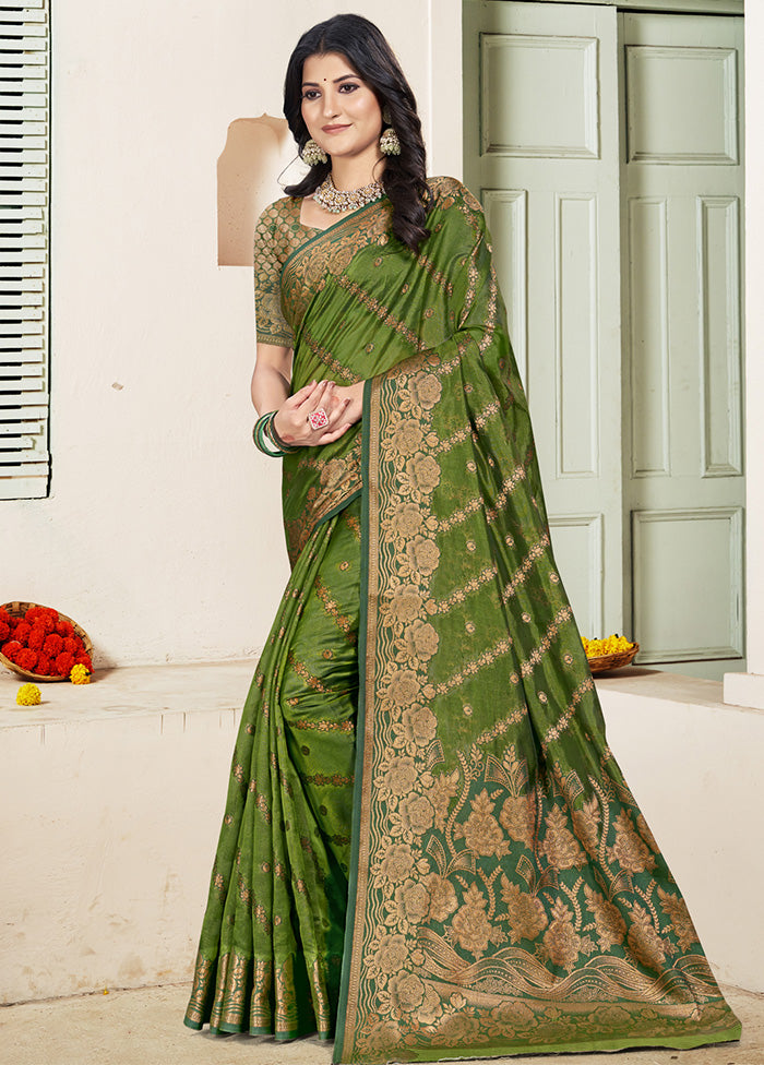 Mehendi Spun Silk Saree With Blouse Piece