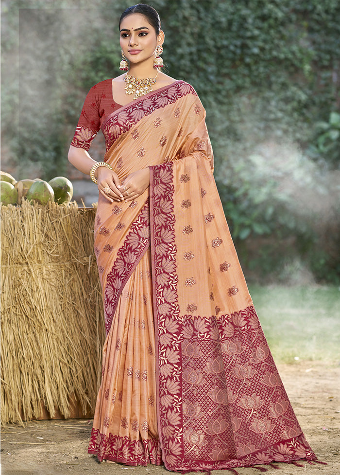 Peach Spun Silk Saree With Blouse Piece