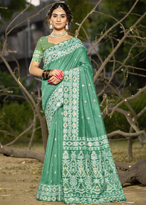 Teal Green Cotton Saree With Blouse Piece