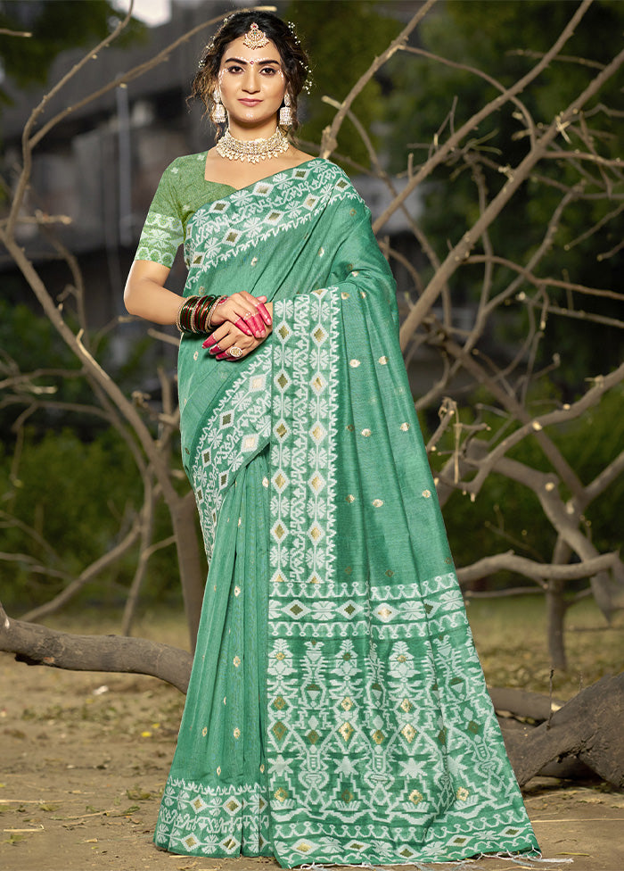 Teal Green Cotton Saree With Blouse Piece