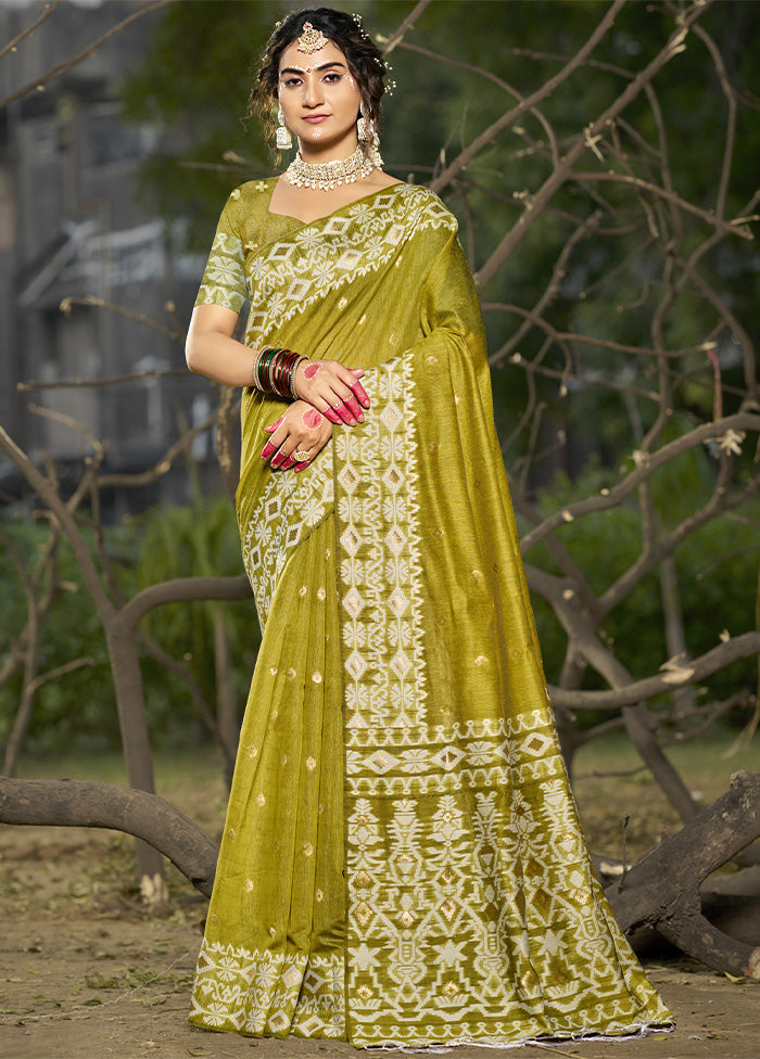 Olive Green Cotton Saree With Blouse Piece