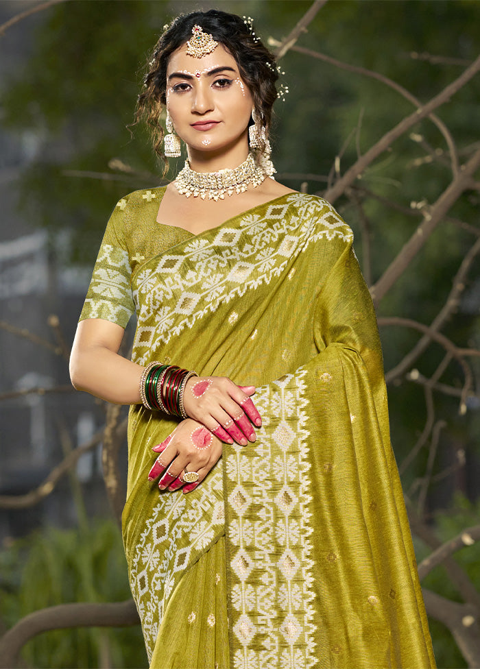 Olive Green Cotton Saree With Blouse Piece