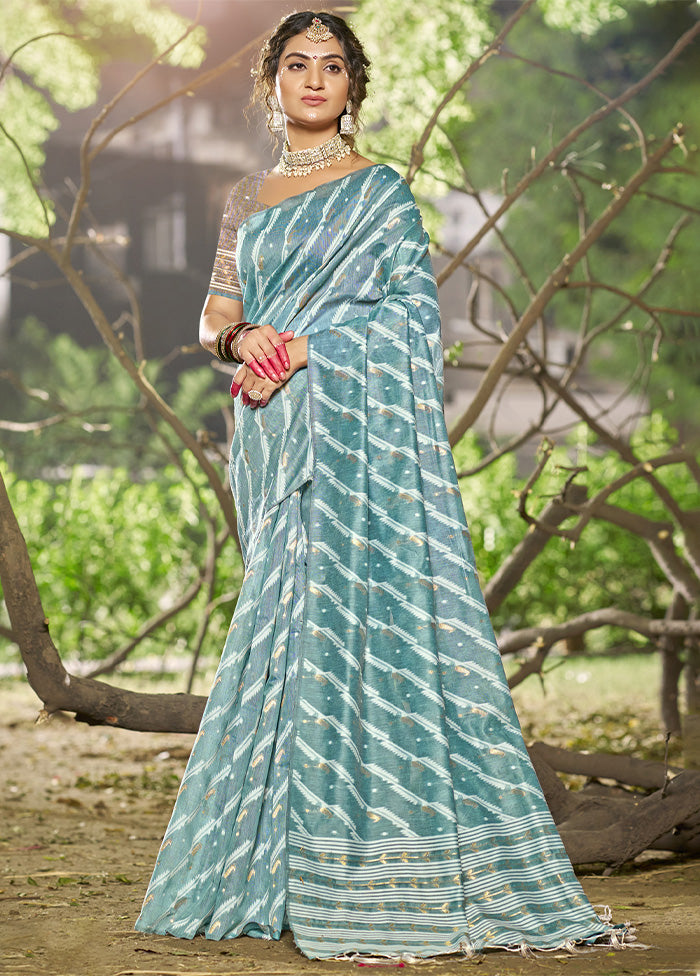 Sky Blue Cotton Saree With Blouse Piece