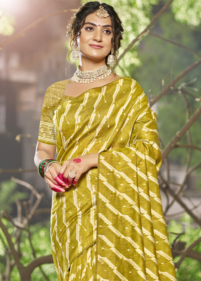 Olive Green Cotton Saree With Blouse Piece