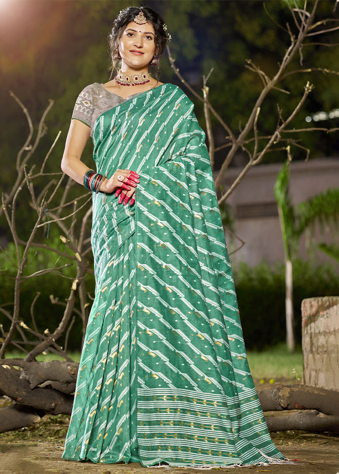 Teal Green Cotton Saree With Blouse Piece