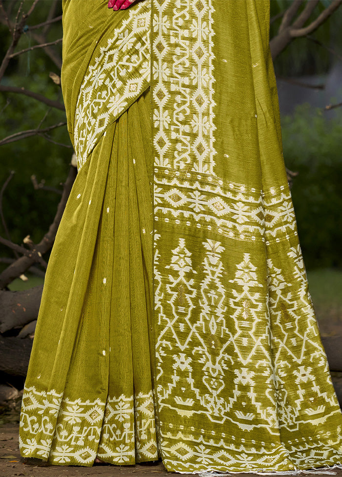 Olive Green Cotton Saree With Blouse Piece