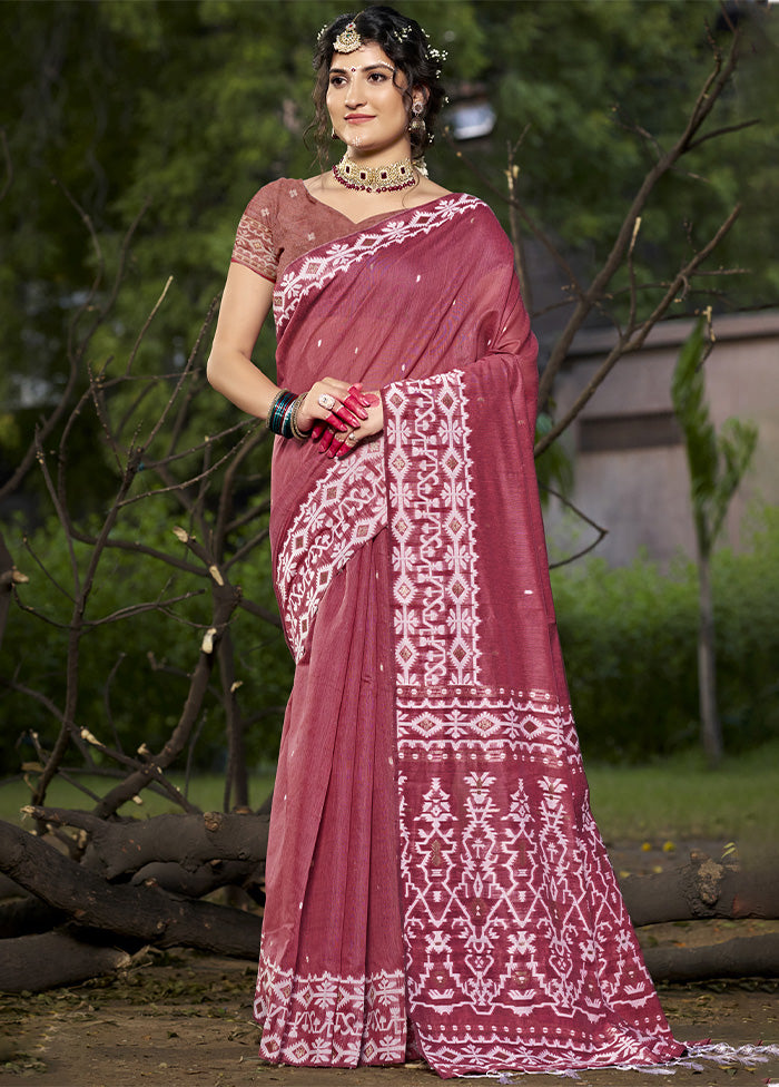 Dark Pink Cotton Saree With Blouse Piece