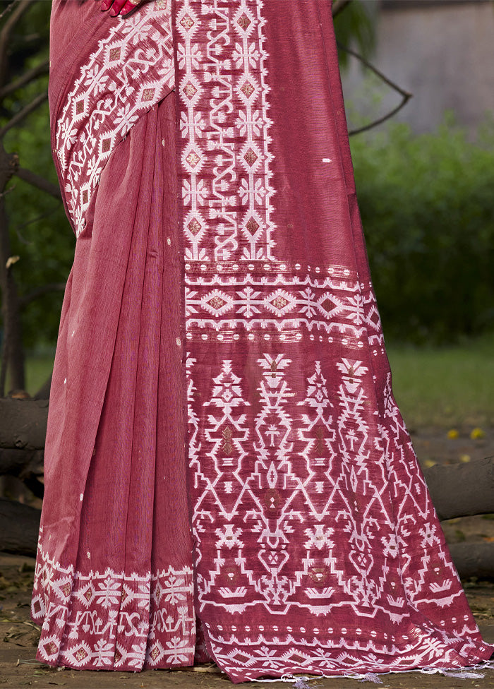 Dark Pink Cotton Saree With Blouse Piece