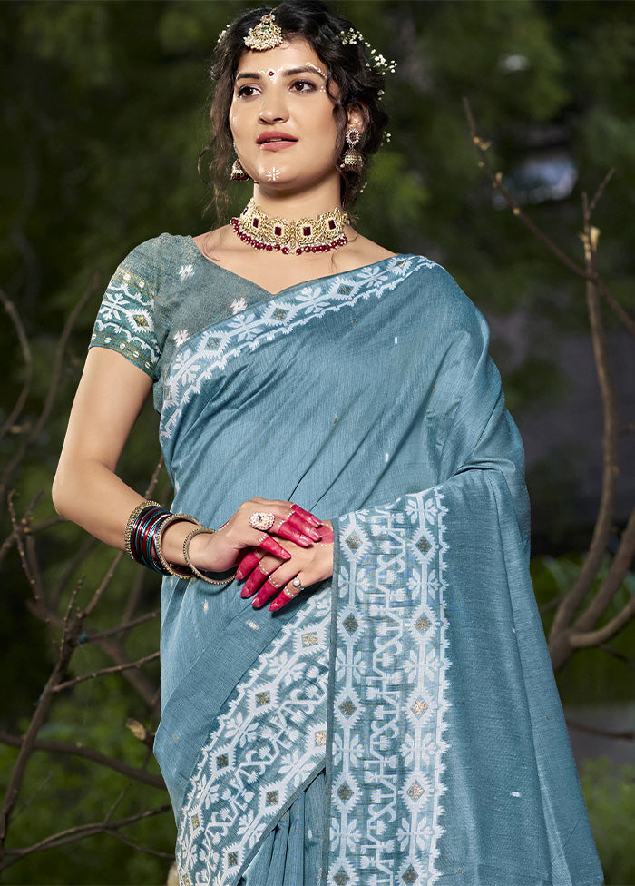 Light Blue Cotton Saree With Blouse Piece