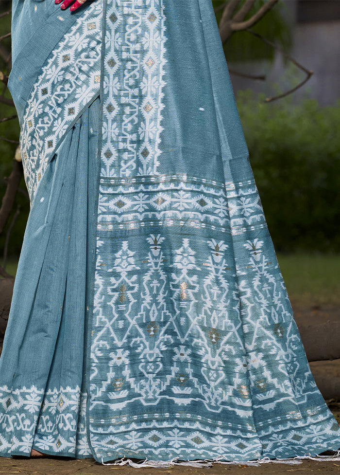 Light Blue Cotton Saree With Blouse Piece