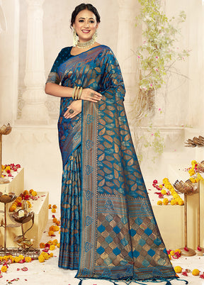 Blue Satin Silk Saree With Blouse Piece