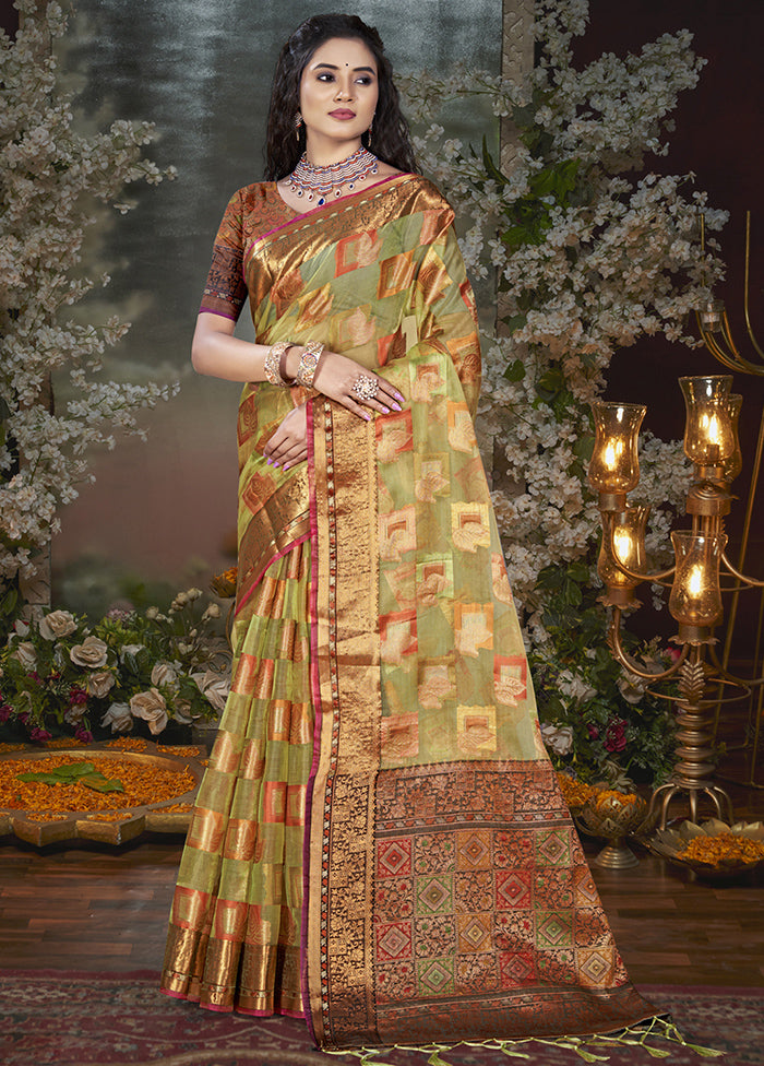 Olive Green Chanderi Silk Saree With Blouse Piece