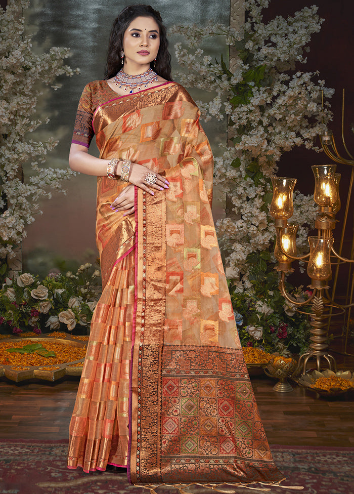 Peach Chanderi Silk Saree With Blouse Piece