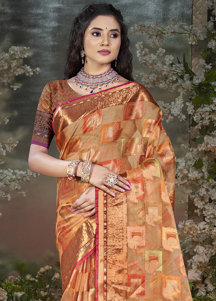 Peach Chanderi Silk Saree With Blouse Piece