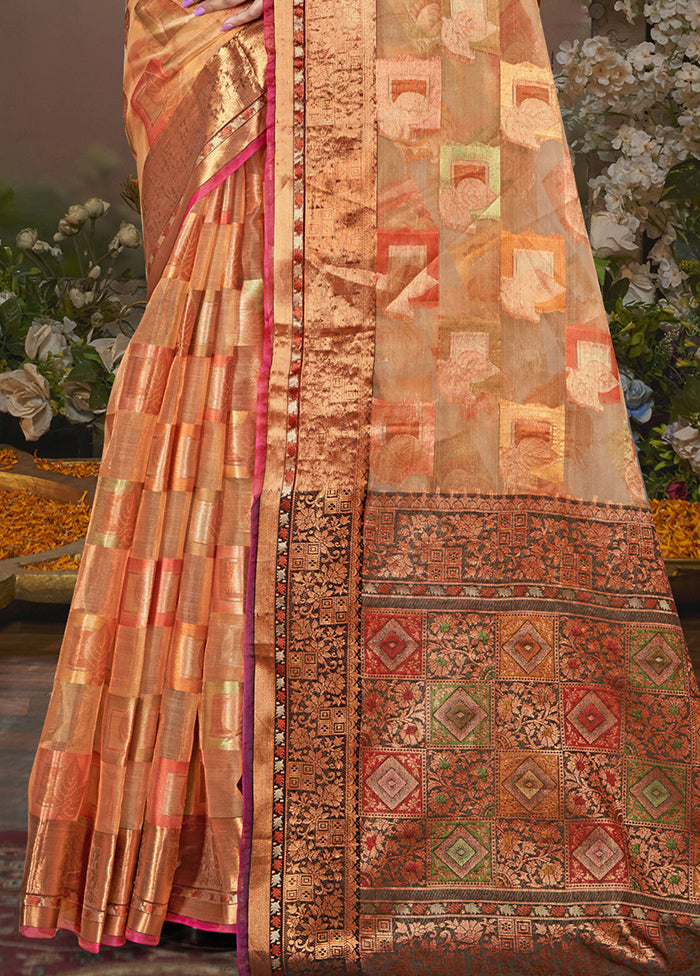 Peach Chanderi Silk Saree With Blouse Piece