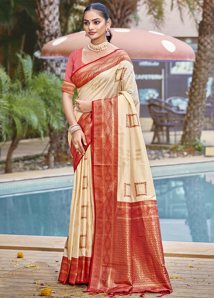 Cream Dupion Silk Saree With Blouse Piece