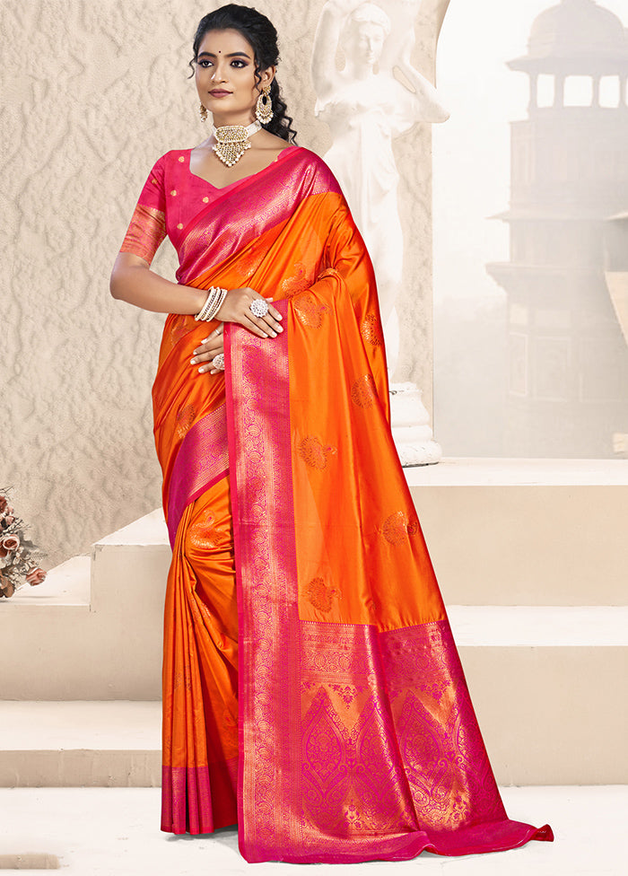 Orange Dupion Silk Saree With Blouse Piece