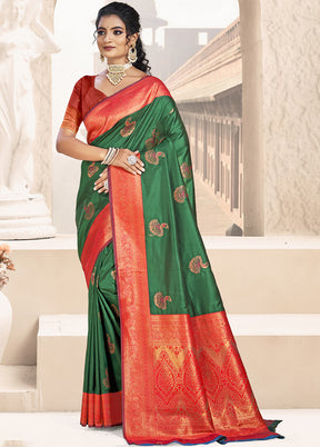 Dark Green Dupion Silk Saree With Blouse Piece