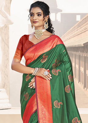 Dark Green Dupion Silk Saree With Blouse Piece