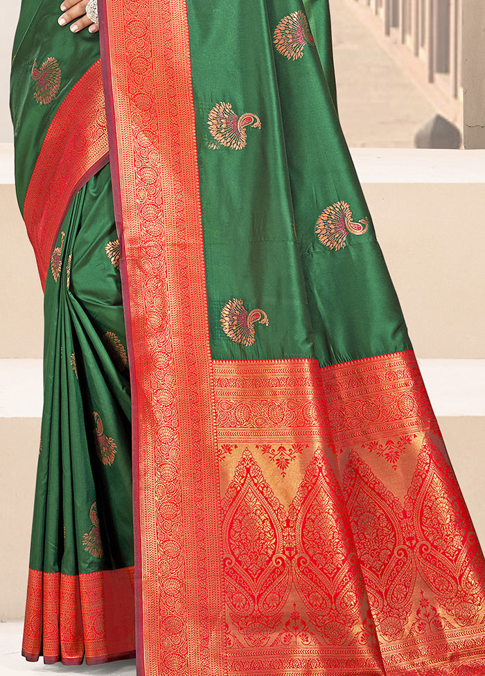 Dark Green Dupion Silk Saree With Blouse Piece