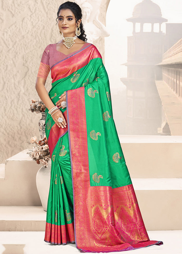 Green Spun Silk Saree With Blouse Piece