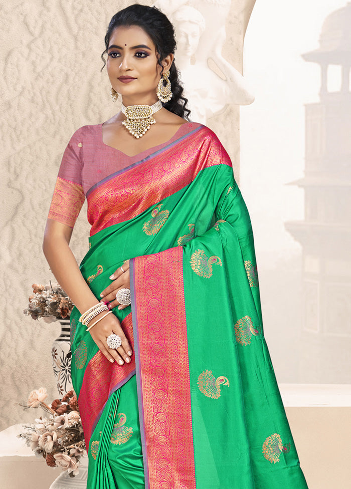 Green Spun Silk Saree With Blouse Piece