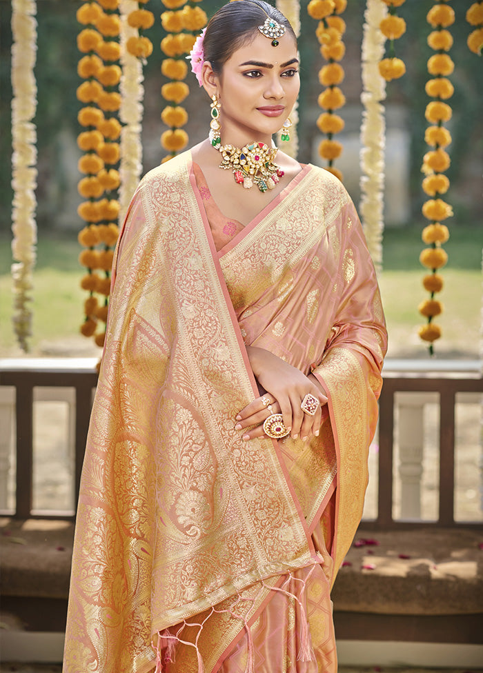 Peach Satin Silk Saree With Blouse Piece