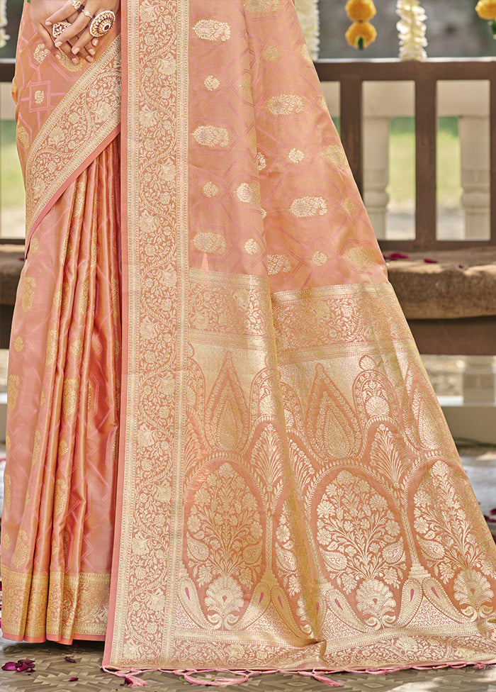 Peach Satin Silk Saree With Blouse Piece