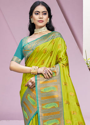 Parrot Green Dupion Silk Saree With Blouse Piece