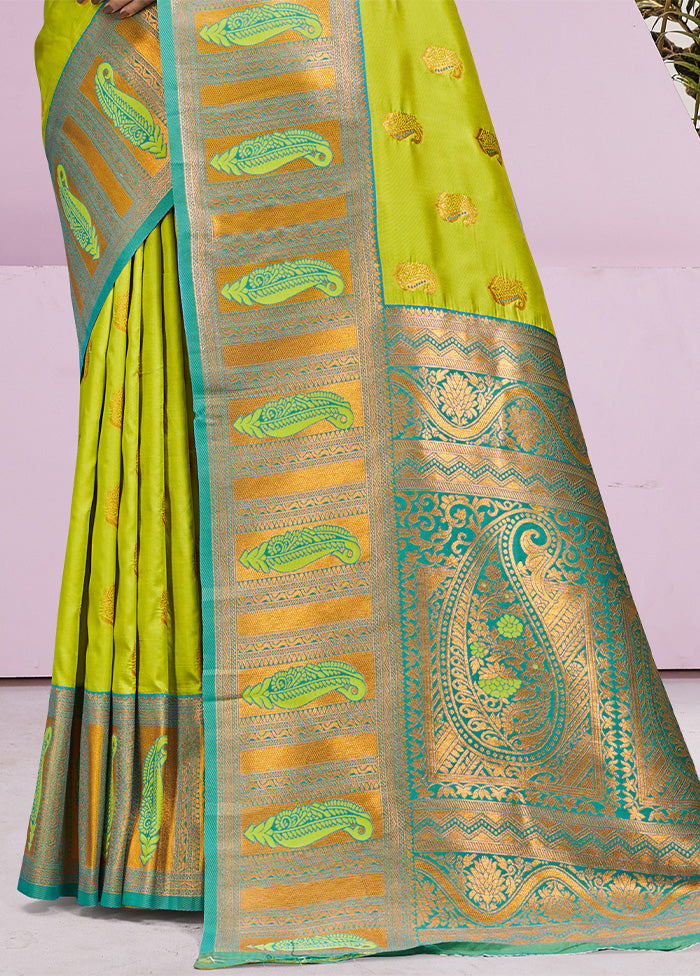 Parrot Green Dupion Silk Saree With Blouse Piece