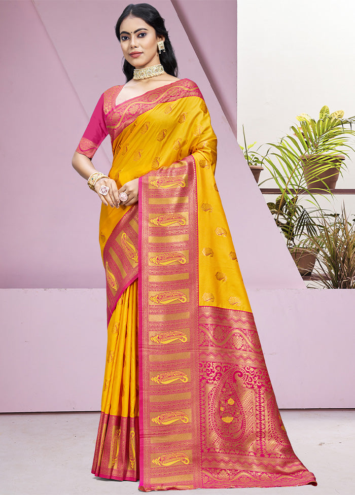 Yellow Dupion Silk Saree With Blouse Piece