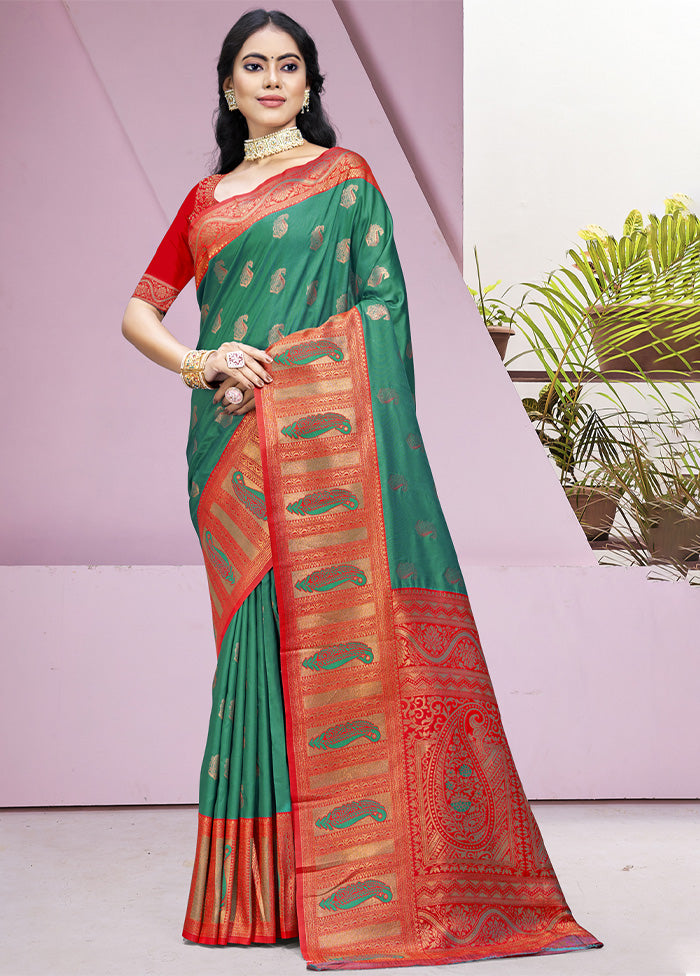 Green Dupion Silk Saree With Blouse Piece