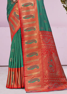 Green Dupion Silk Saree With Blouse Piece