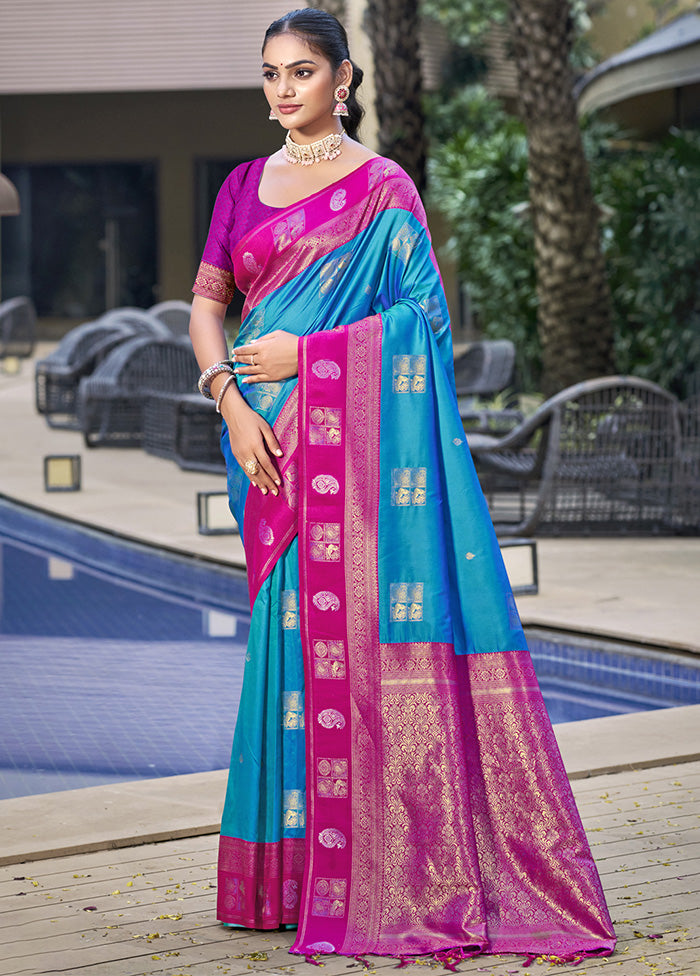 Blue Spun Silk Saree With Blouse Piece