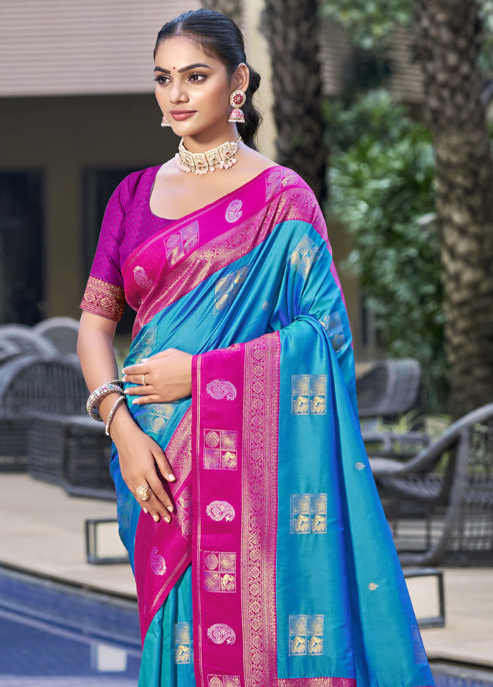 Blue Spun Silk Saree With Blouse Piece