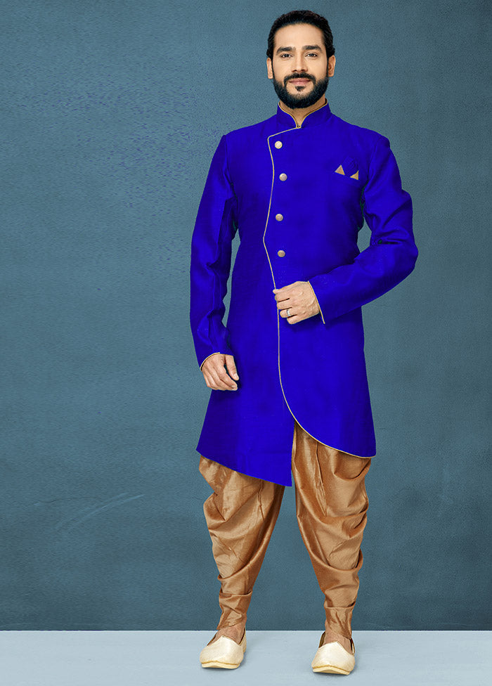 Royal Blue Dupion Silk Kurta Dhoti Set - Indian Silk House Agencies