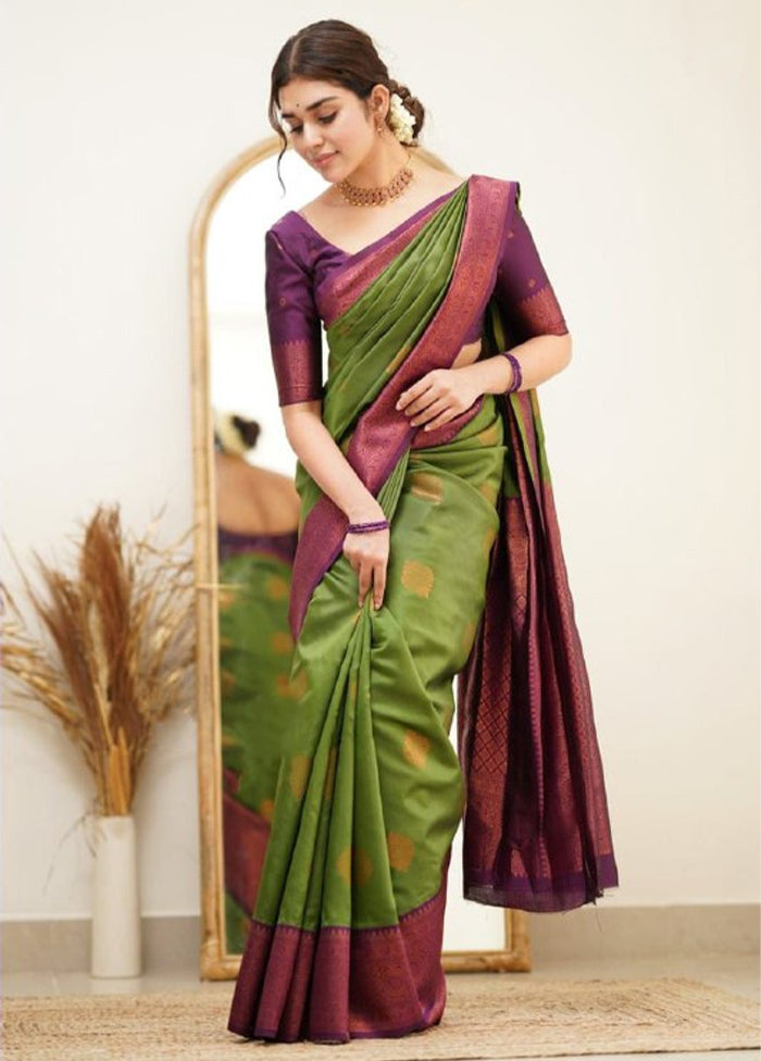 Mehendi Green Spun Silk Saree With Blouse Piece