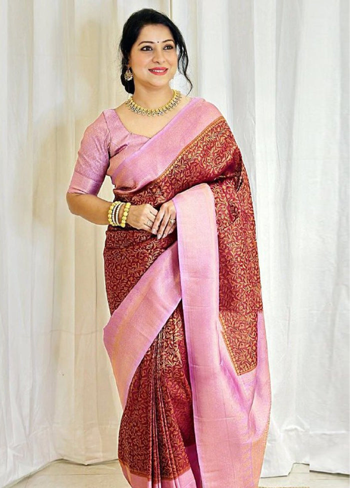 Maroon Spun Silk Saree With Blouse Piece