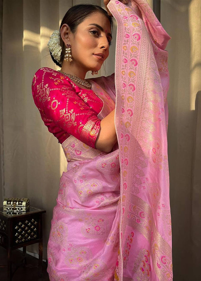 Onion Pink Banarasi Silk Saree With Blouse Piece