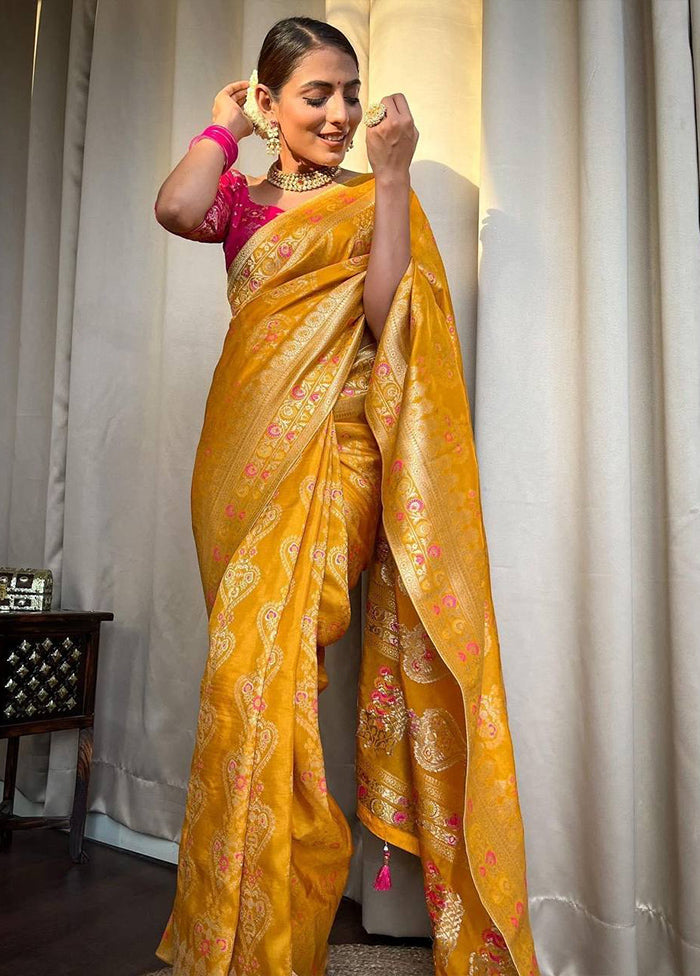 Yellow Banarasi Silk Saree With Blouse Piece