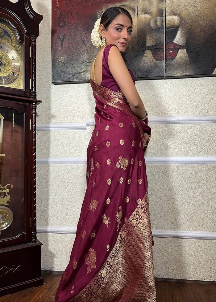 Wine Banarasi Silk Saree With Blouse Piece