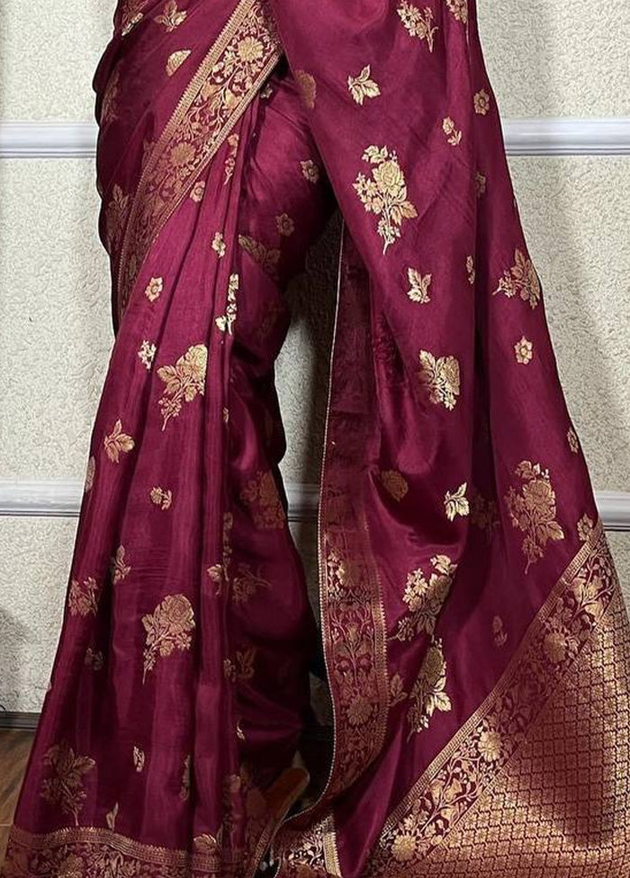 Wine Banarasi Silk Saree With Blouse Piece