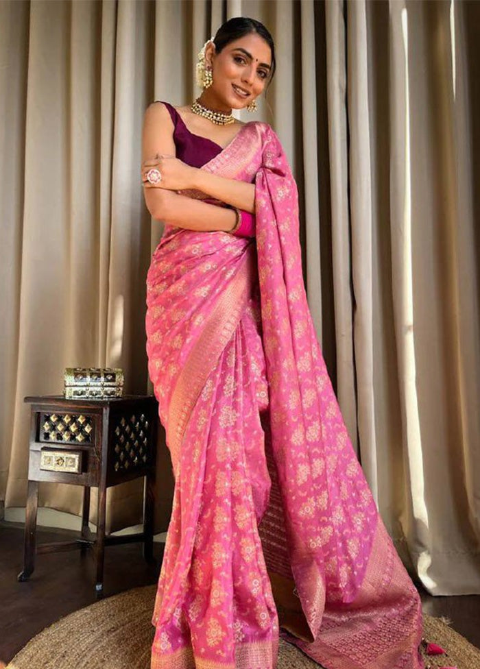 Baby Pink Banarasi Silk Saree With Blouse Piece