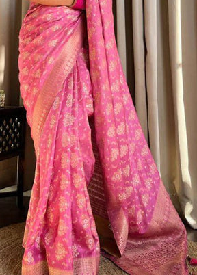 Baby Pink Banarasi Silk Saree With Blouse Piece