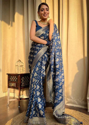 Navy Blue Banarasi Silk Saree With Blouse Piece