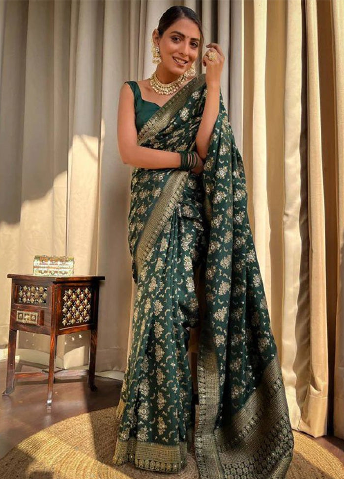 Dark Green Banarasi Silk Saree With Blouse Piece