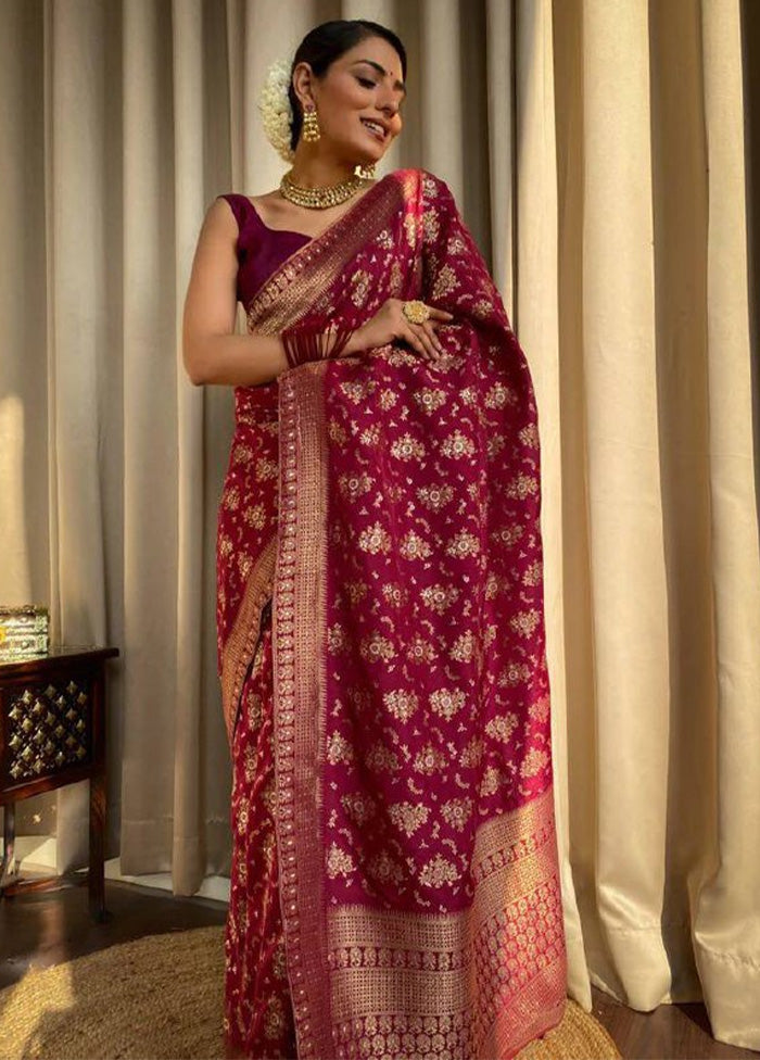 Maroon Banarasi Silk Saree With Blouse Piece